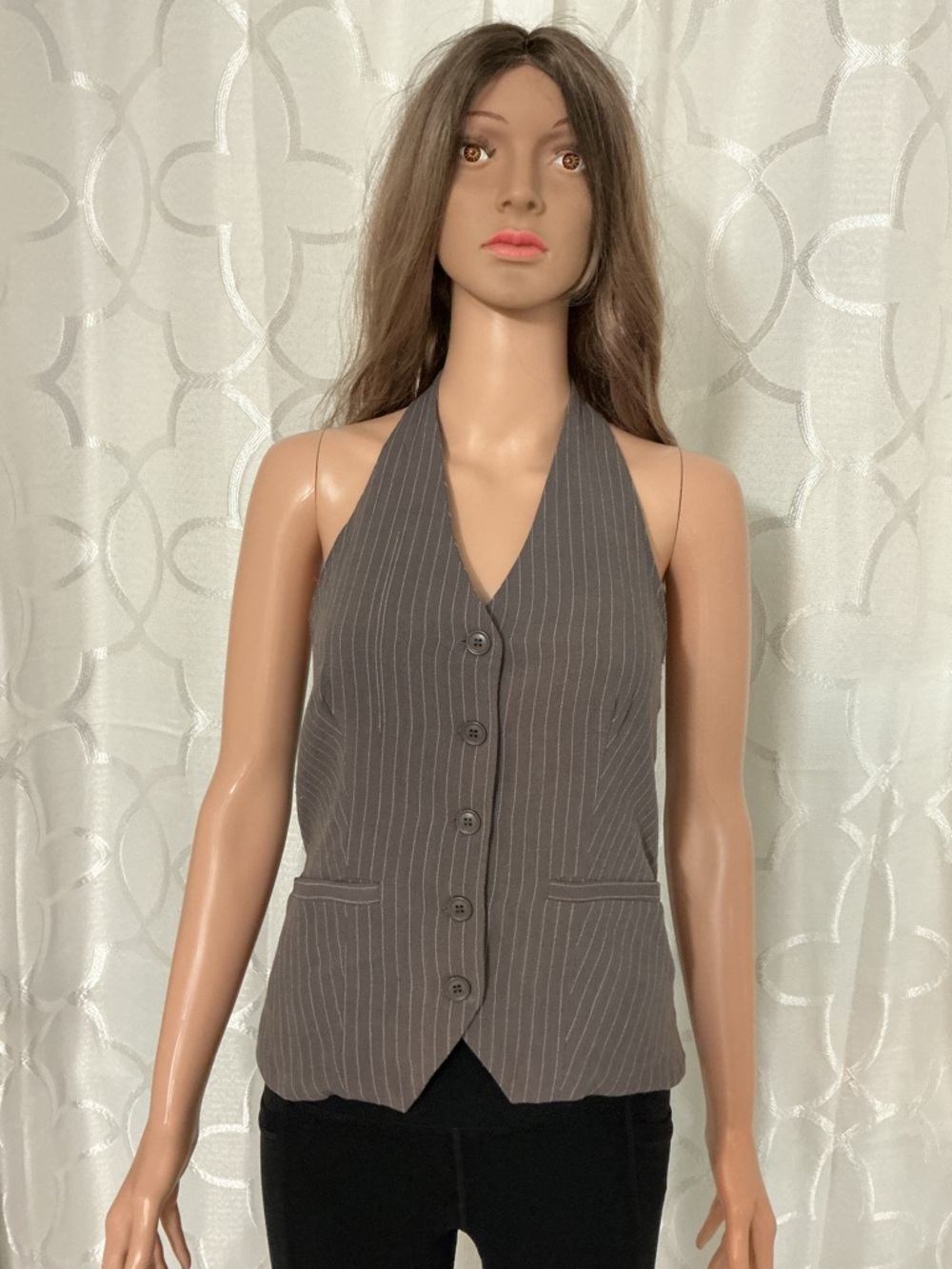 Princess Polly Gray Pinstripe Halter Button-Up Bodysuit - Picture 1 of 9